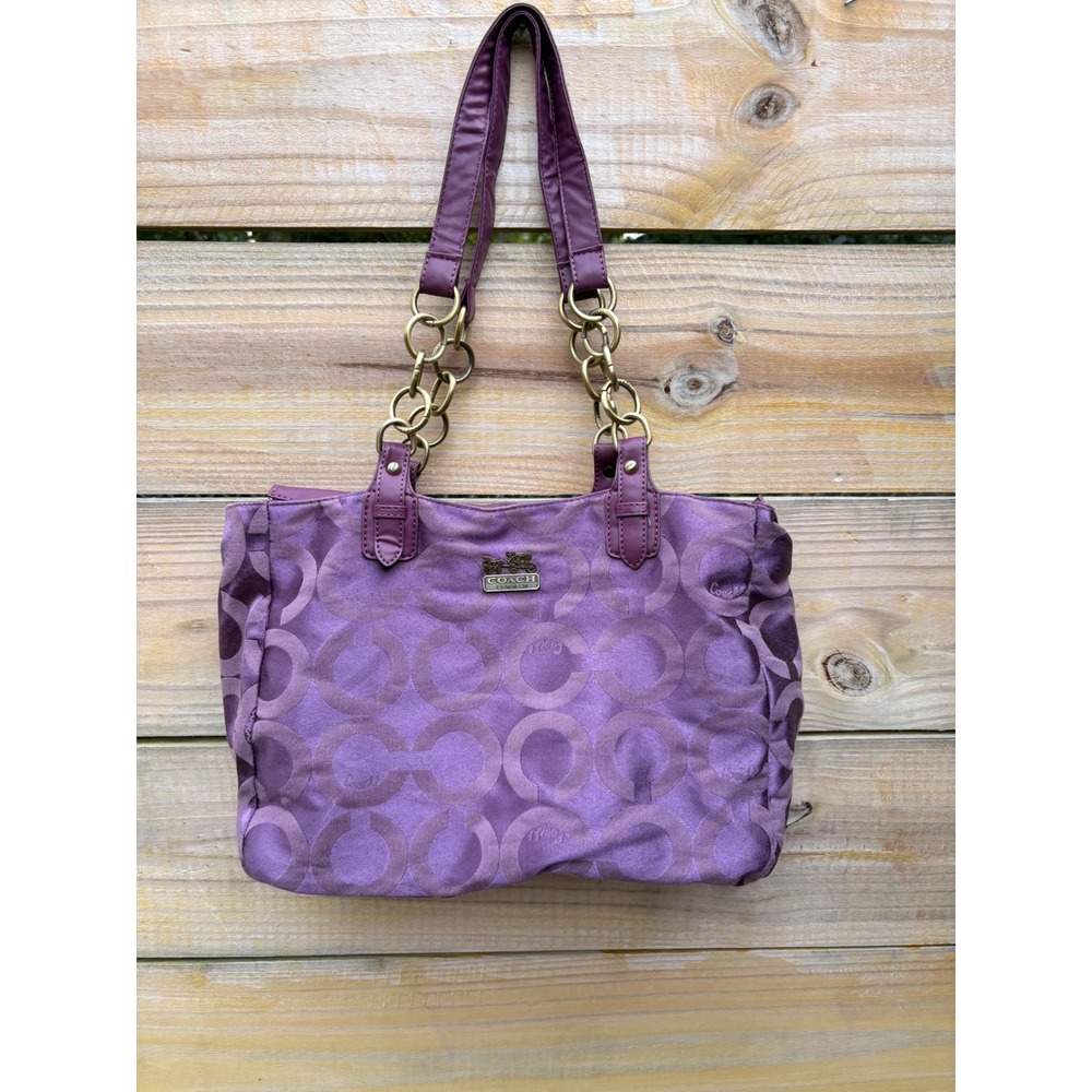 Coach Purple Optic Signature C Jacquard Leather Trim Tote Bag 6094 Brass Hardwar